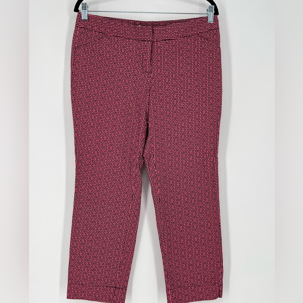 Laundry by Shelli Segal pink and navy geometric hexagon ankle career pants.